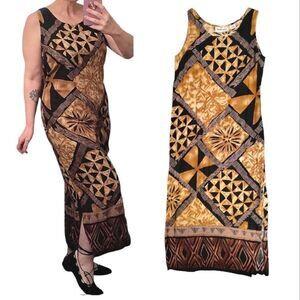 VTG 90s Brown Black Tribal Print Tie Back Midi Hawaiian Wiggle Dress Size LP